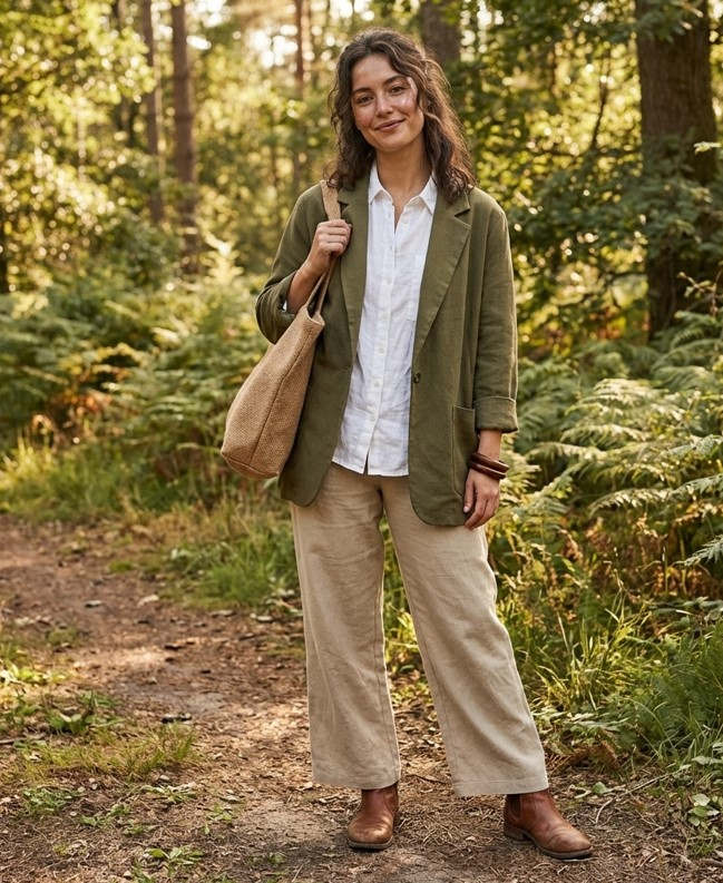 Женщина в оливковом пиджаке из органического хлопка, белой льняной рубашке и бежевых брюках
