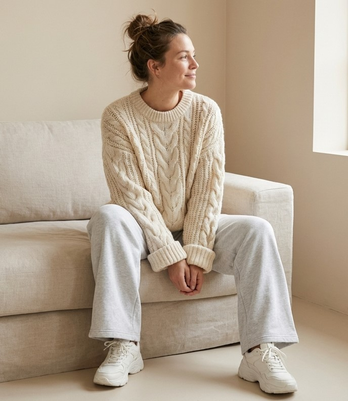 Девушка в огромном кремовом вязаном свитере оверсайз с серыми широкими брюками