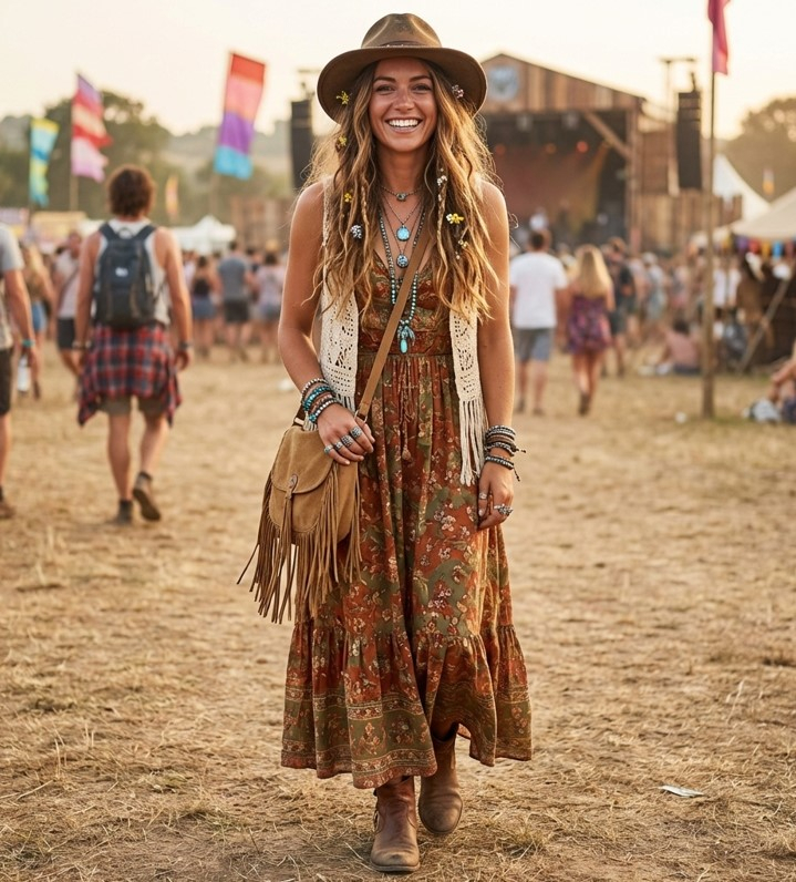 Девушка в длинном платье с этническим принтом, вязаном жилете и замшевой сумке с бахромой