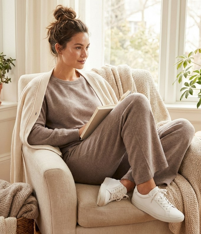 Женщина в мягком кашемировом костюме цвета тауп с белыми кроссовками