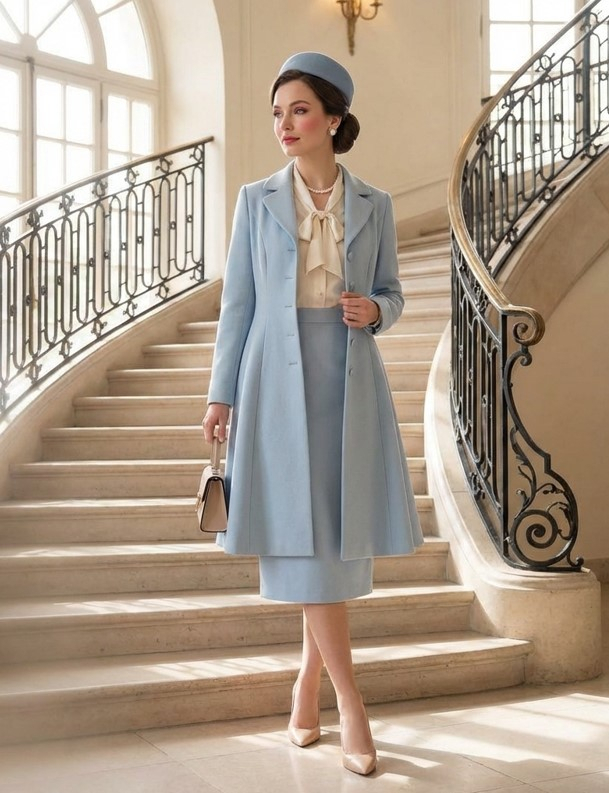Элегантная женщина в приталенном голубом пальто с юбкой-карандаш, жемчужными украшениями и шляпкой
