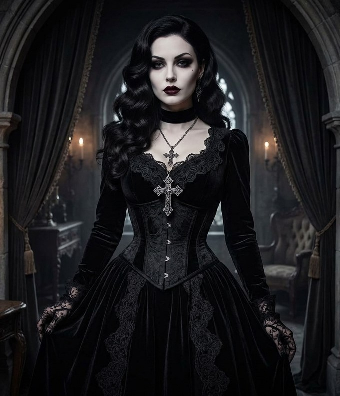 Женщина в черном бархатном платье с кружевом, корсетом и готическими серебряными украшениями