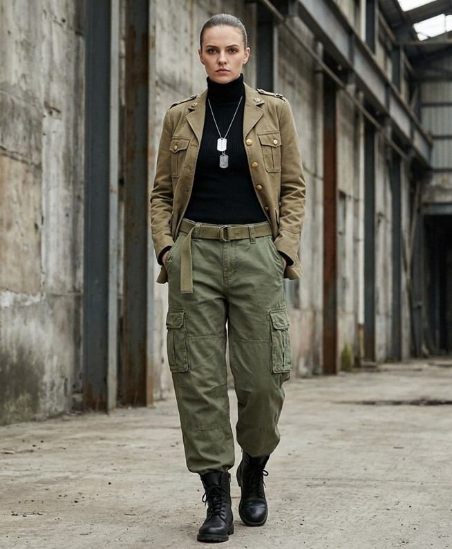 Женщина в оливковых брюках-карго, черной водолазке и куртке цвета хаки с погонами