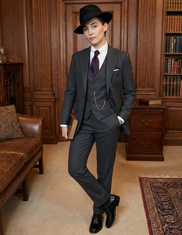 Женщина в элегантном сером костюме-тройке с галстуком, шляпой-федора и оксфордами