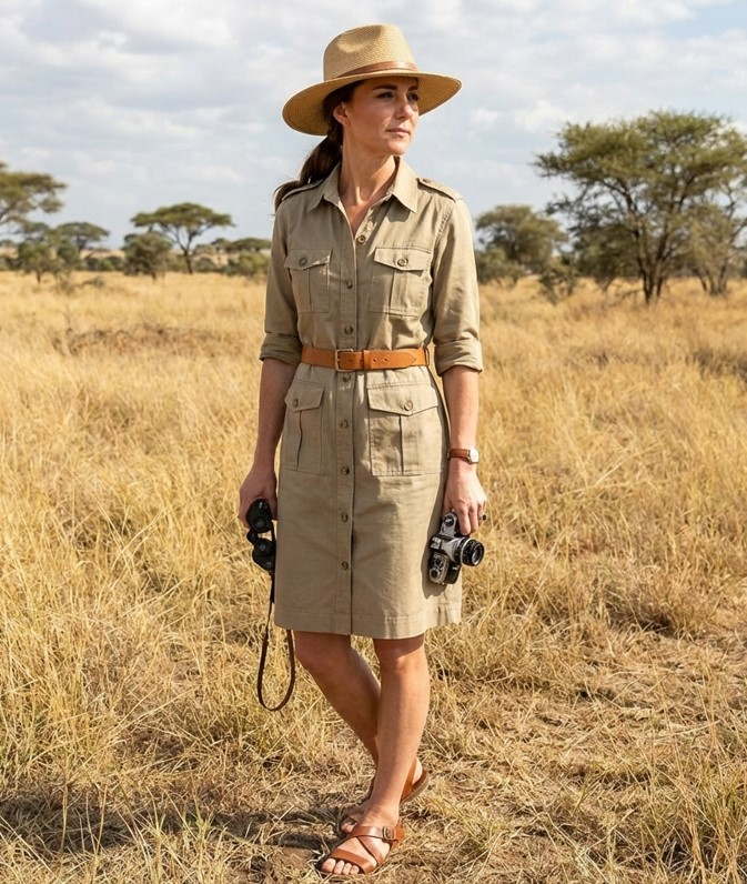 Женщина в платье-рубашке цвета хаки с накладными карманами, поясом и соломенной шляпой