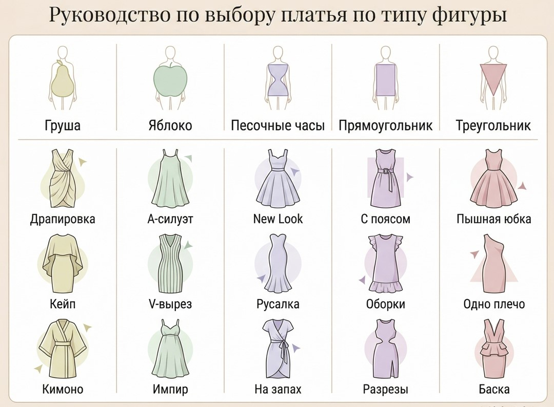 Матрица подбора платья по типу фигуры для выпускного 2026 (груша, яблоко, песочные часы, прямоугольник, треугольник)