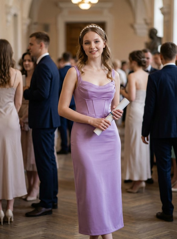 Образ #7: Платье с мягким корсетом и прямой юбкой — скрывает полноту в талии для яблока