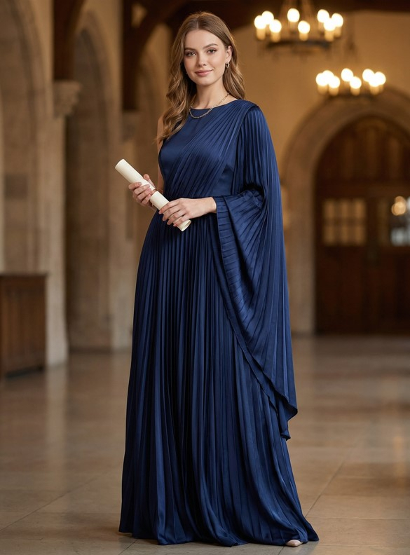 Образ #9: Платье с вертикальными драпировками — вытягивает силуэт и скрывает полноту для яблока