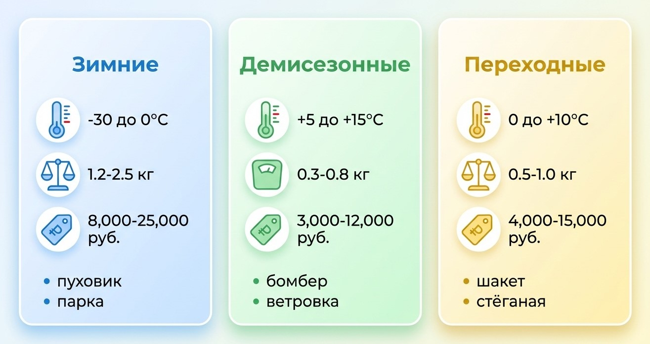 Сравнение женских курток по сезону: температурный диапазон, средний вес и стоимость в 2026 году