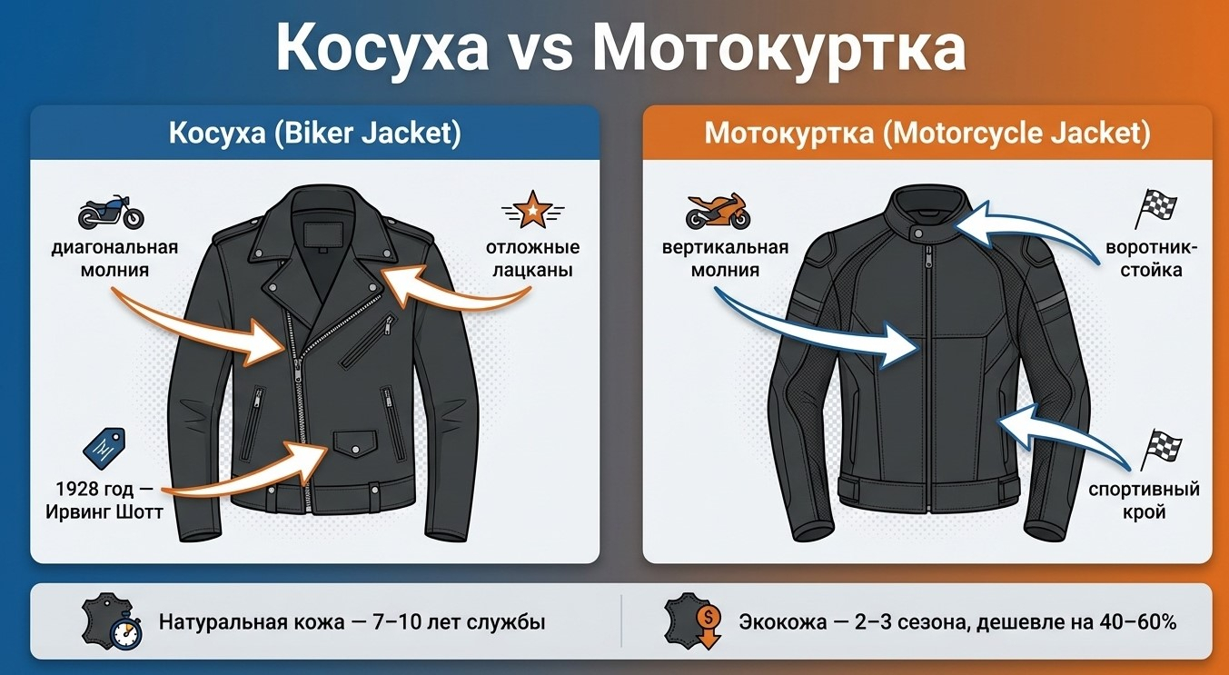 Косуха и мотокуртка: ключевые конструктивные отличия и срок службы по типу материала