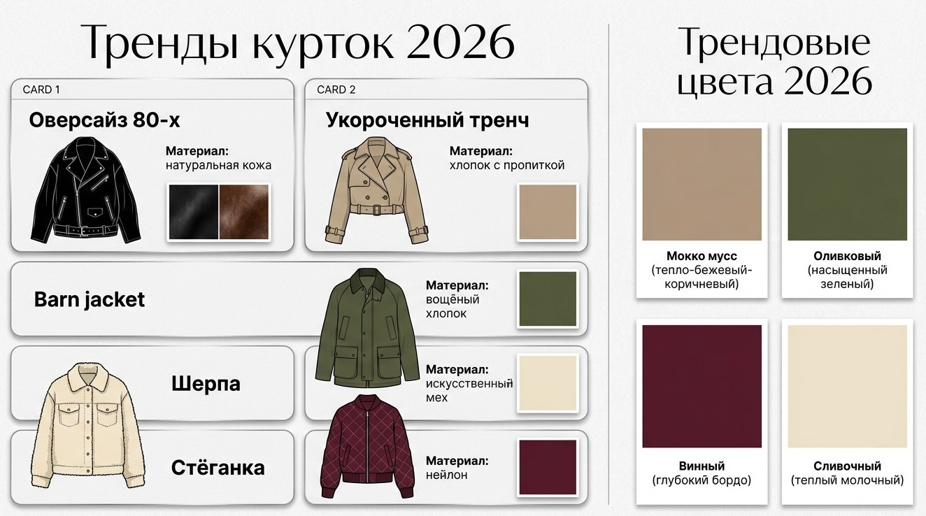 Пять главных трендов женских курток в 2026 году: фасоны, ткани и цвета сезона