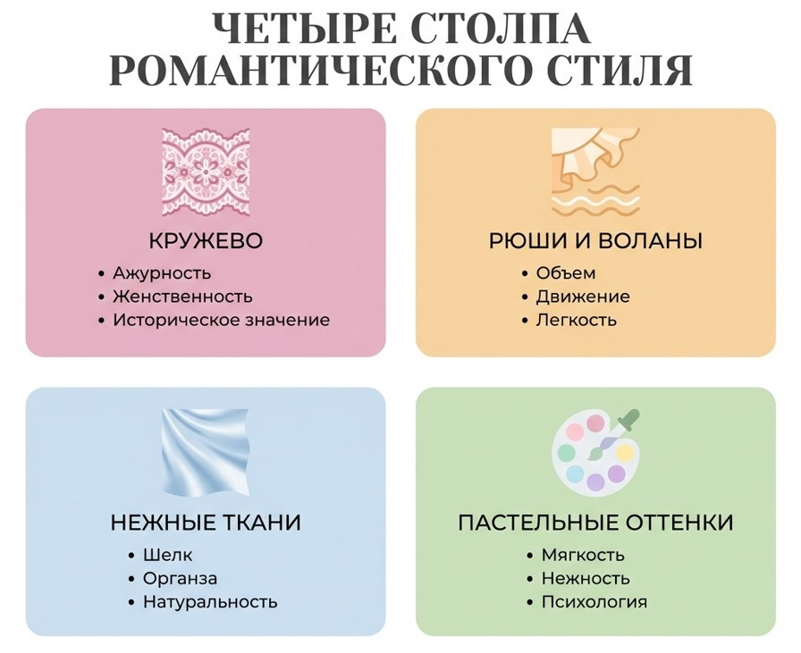 Романтический стиль строится на четырех основных столпах: кружеве (символ женственности), рюшах (движение и воздушность), натуральных тканях (комфорт и качество) и пастельных оттенках (нежность и спокойствие)