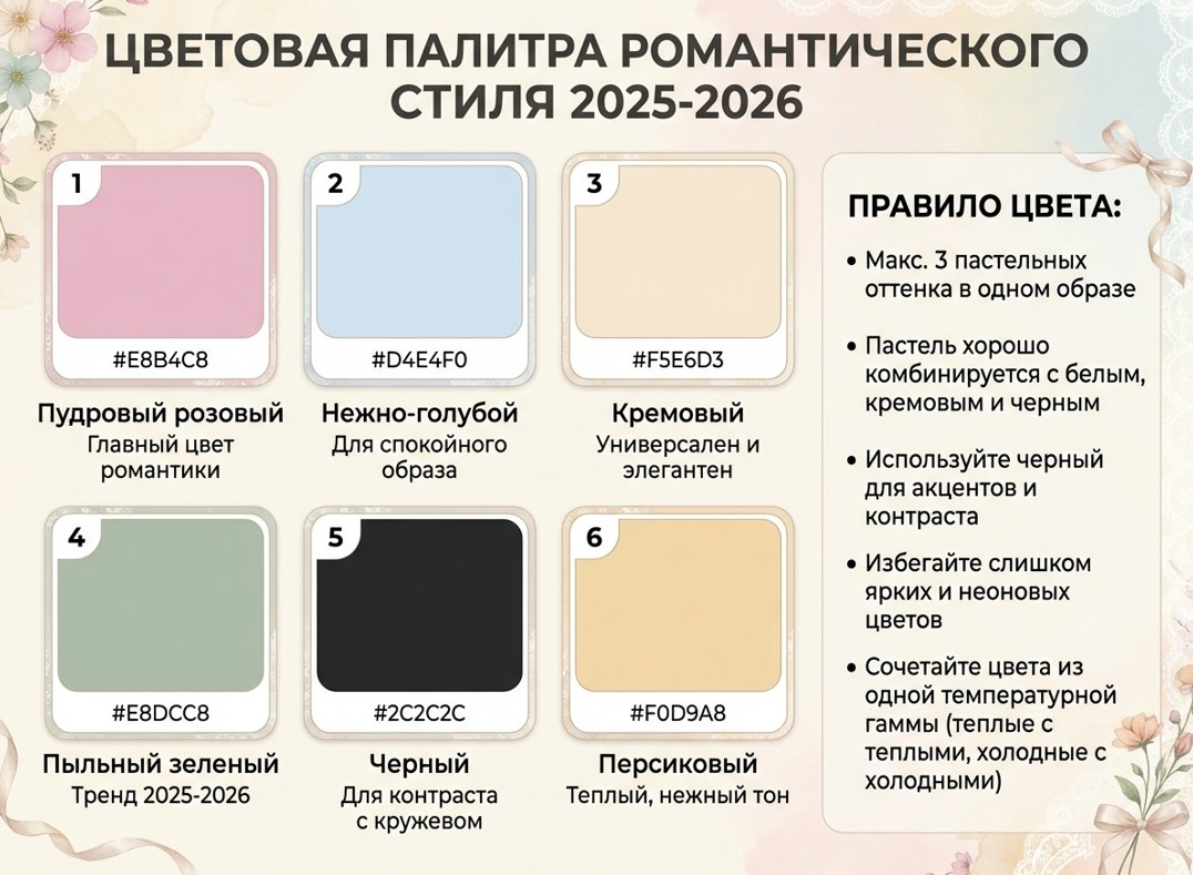Цветовая палитра романтического стиля с пастельными оттенками: пудровый розовый, нежно-голубой, кремовый, пыльный зеленый, черный и персиковый