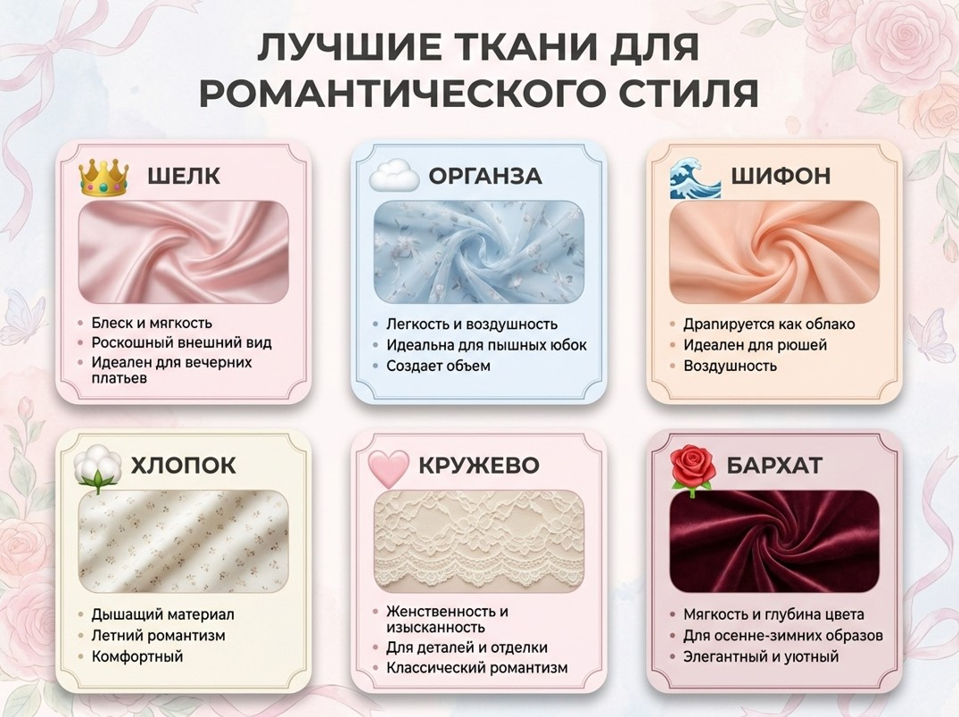 Шесть лучших тканей для романтического стиля: шелк, органза, шифон, хлопок, лен и кашемир с их характеристиками