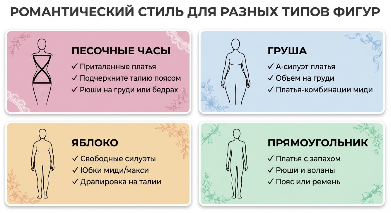 Адаптация романтического стиля для четырех типов фигур: песочные часы, груша, яблоко и прямоугольник с рекомендациями для каждого