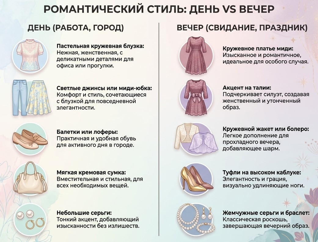 Два практических образа в романтическом стиле: повседневный (кружевная блуза и джинсы) и вечерний (платье миди с кружевом и жакет)