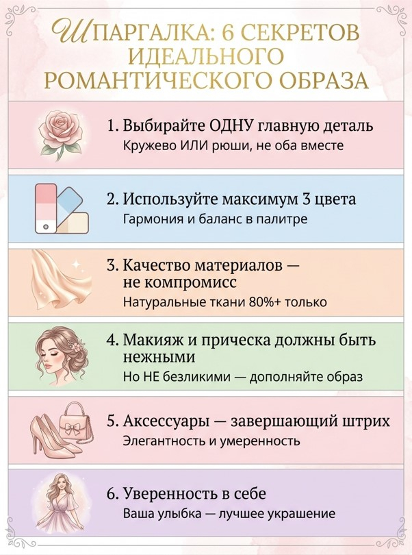 Запомните эти шесть секретов, и ваш романтический стиль всегда будет выглядеть идеально. Главное — качество, баланс и уверенность в себе
