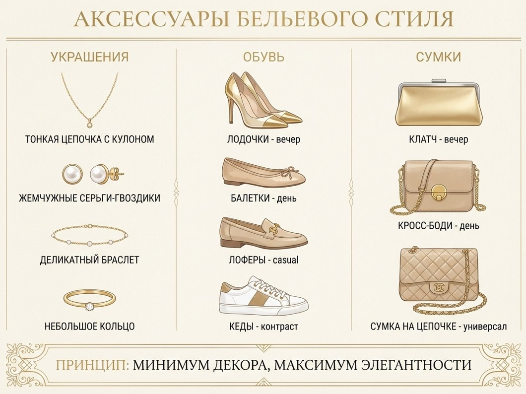 Аксессуары бельевого стиля: какие украшения, обувь и сумки дополняют образ