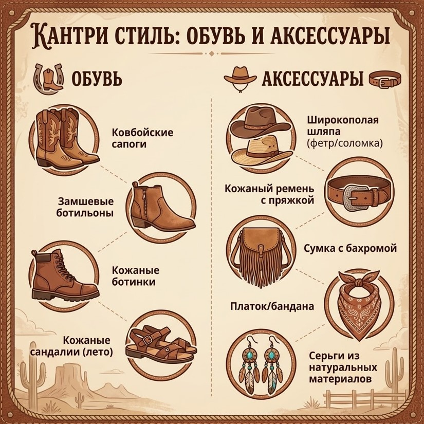 Обувь и аксессуары кантри: ключевые элементы, завершающие образ