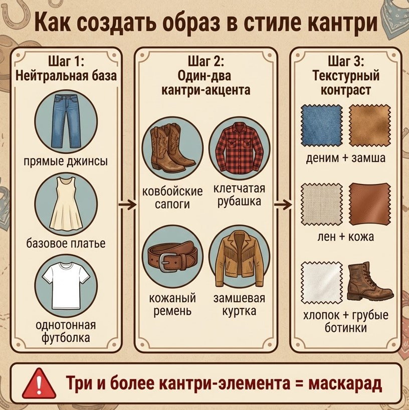 Формула кантри-образа: нейтральная база, один-два акцента и контраст фактур