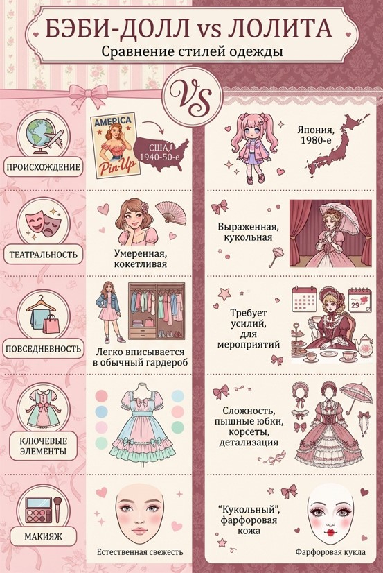 Ключевые различия между стилями бэби-долл и Лолита.