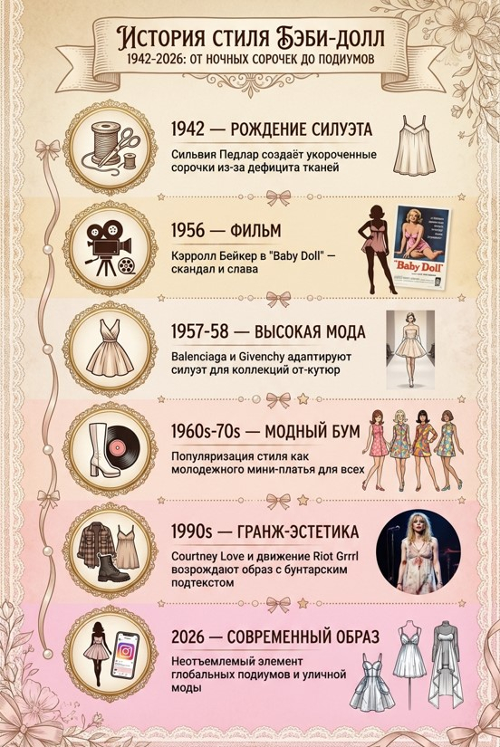 История стиля бэби-долл 1942-2026: от ночных сорочек до подиумов