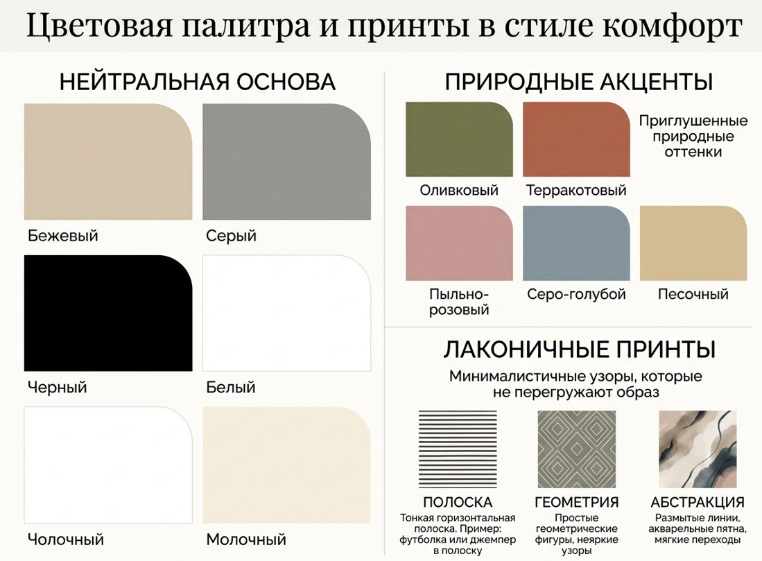 Цветовая палитра и принты в стиле комфорт