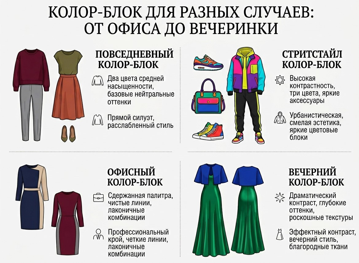Как использовать колор-блок в повседневных и вечерних образах