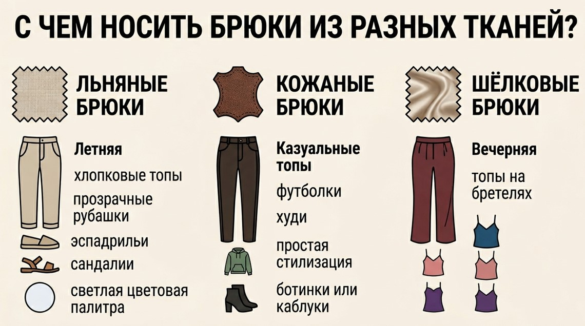 С чем носить брюки из разных тканей?