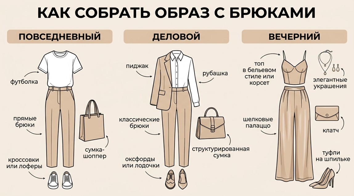Как собрать образ с брюками: повседневный, деловой и вечерний