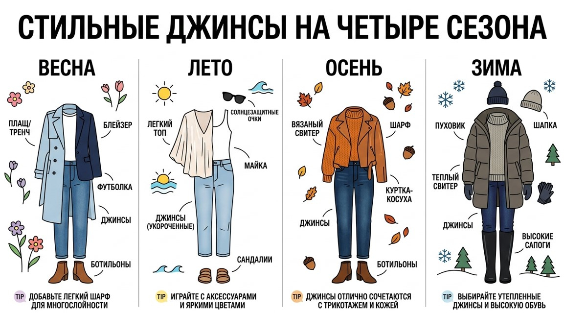 Сезонные образы с джинсами: весна, лето, осень, зима
