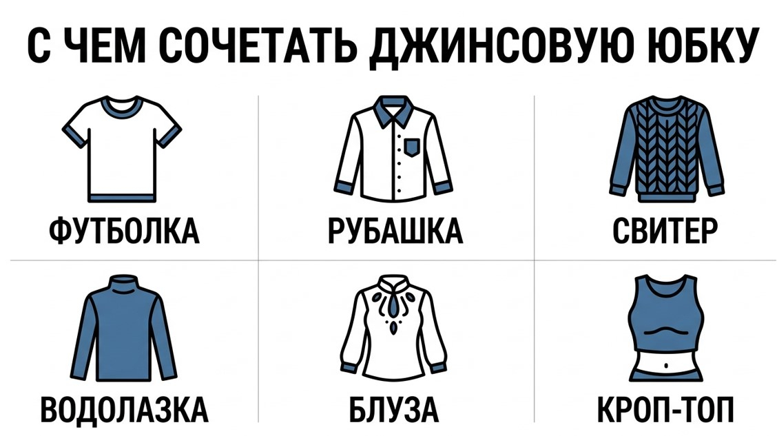 Джинсовая юбка сочетается с футболкой, рубашкой, свитером, блузой, кроп-топом и даже корсетом