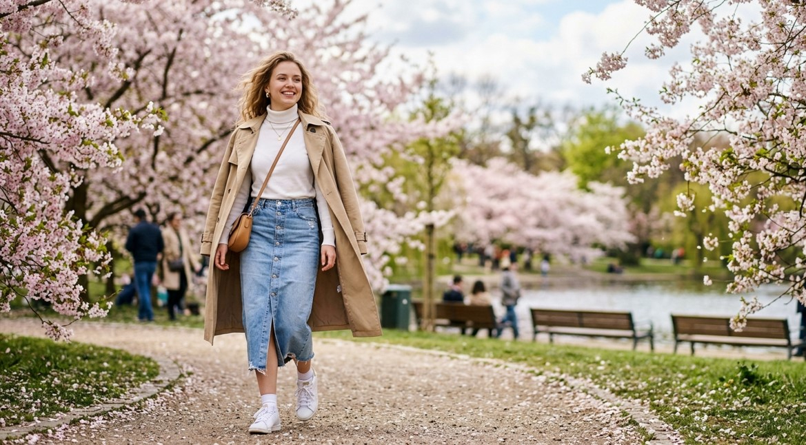 С чем носить длинную джинсовую юбку весной?