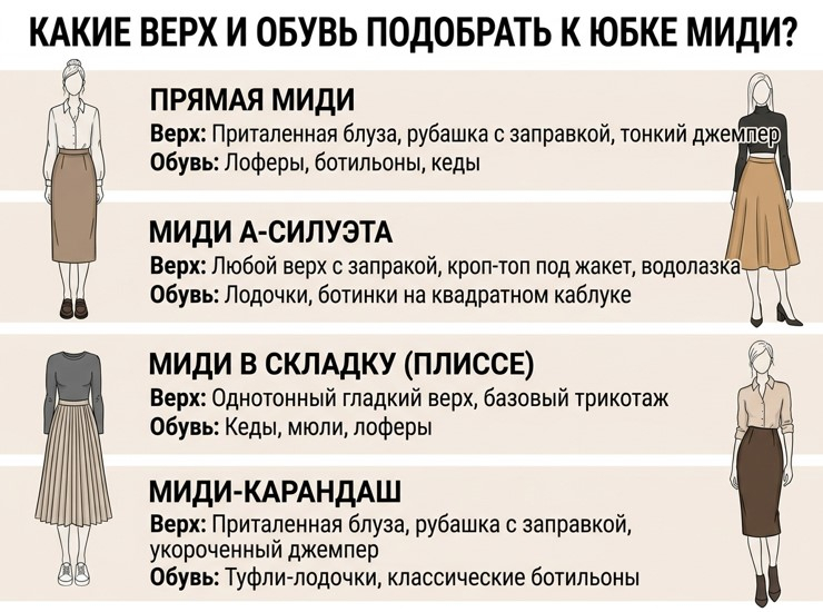 Какие верх и обувь подобрать к юбке миди?