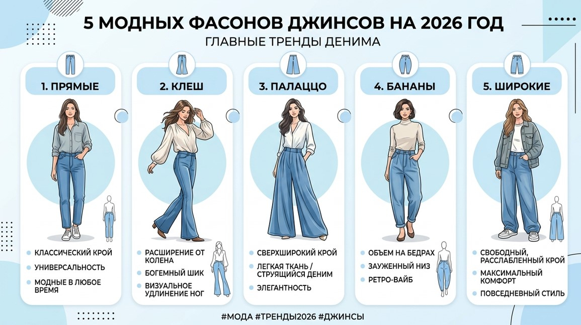 Какие фасоны голубых джинсов актуальны в 2026 году?