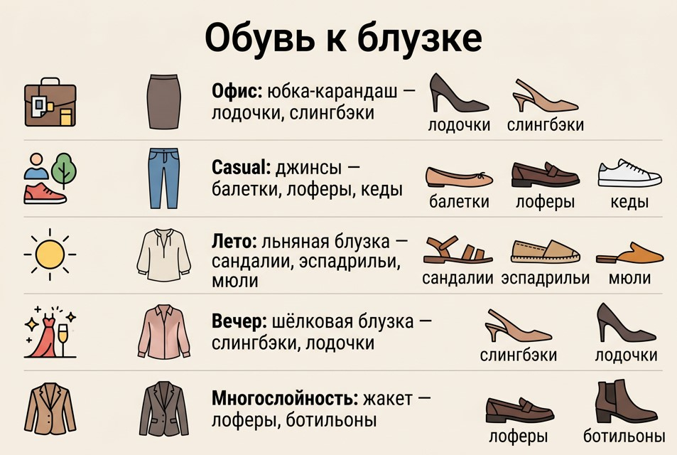 Инфографика «Обувь к блузке»: офис, casual, лето, вечер, многослойность