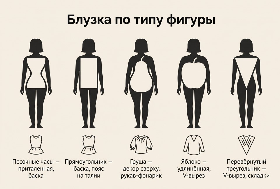 Инфографика «Блузка по типу фигуры»: 5 силуэтов с подходящими фасонами