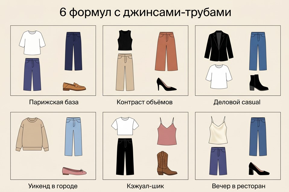 Инфографика 6 формул образов с джинсами-трубами: парижская база, контраст объёмов, деловой casual и другие