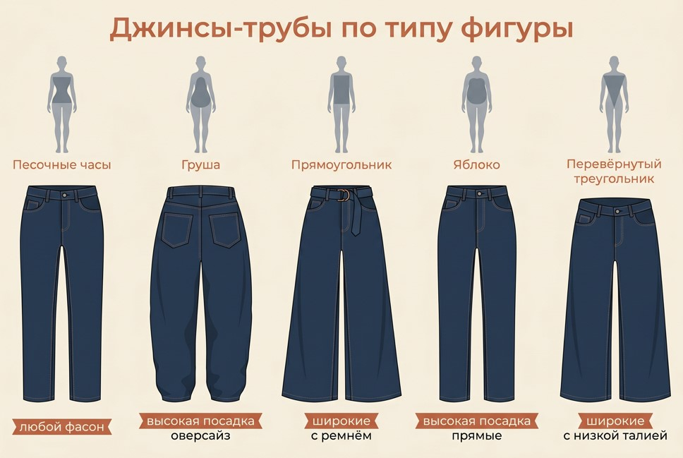 Инфографика джинсы-трубы по типу фигуры: песочные часы, груша, прямоугольник, яблоко, перевёрнутый треугольник