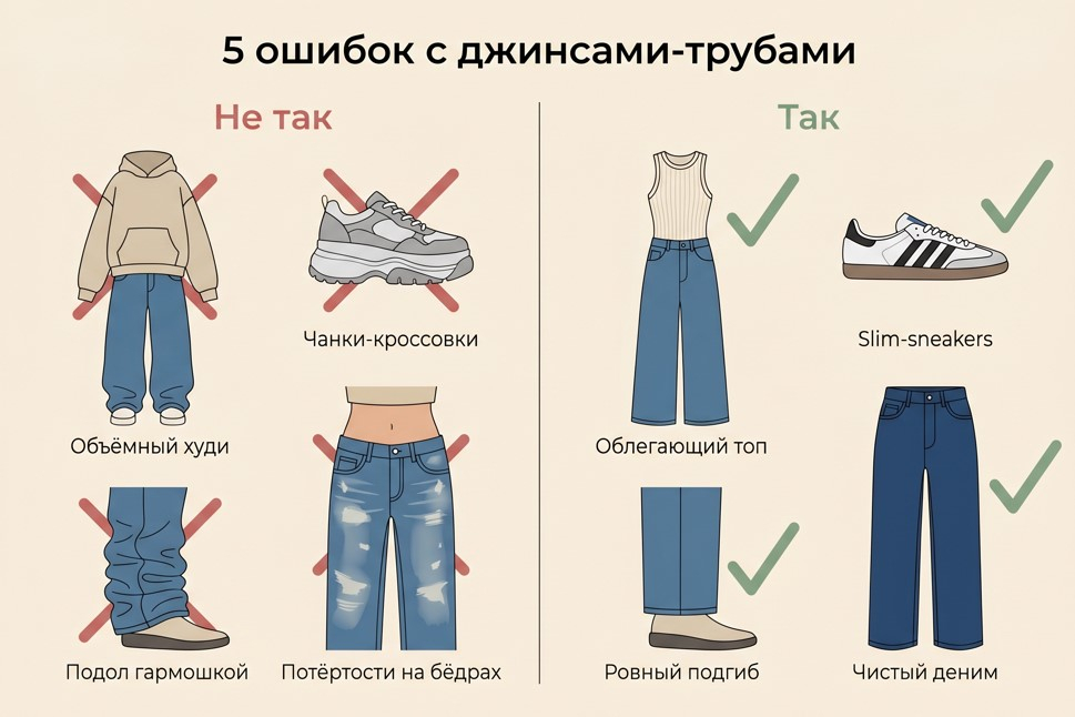Инфографика 5 ошибок с джинсами-трубами: было-стало по объёму, обуви, длине, посадке и потёртостям