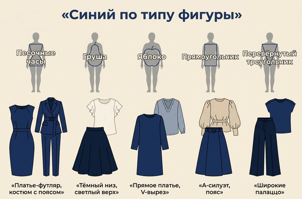 Инфографика типов фигуры и подходящих фасонов в синем цвете