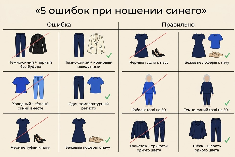 Инфографика 5 типичных ошибок при ношении синего цвета и правильные альтернативы