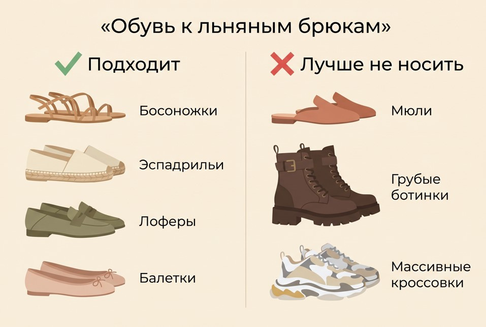 Инфографика: какая обувь подходит к льняным брюкам