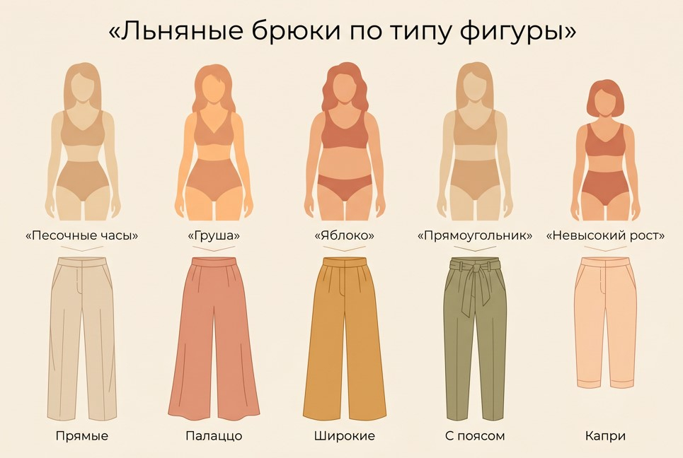 Инфографика: льняные брюки по типу фигуры — силуэты и фасоны