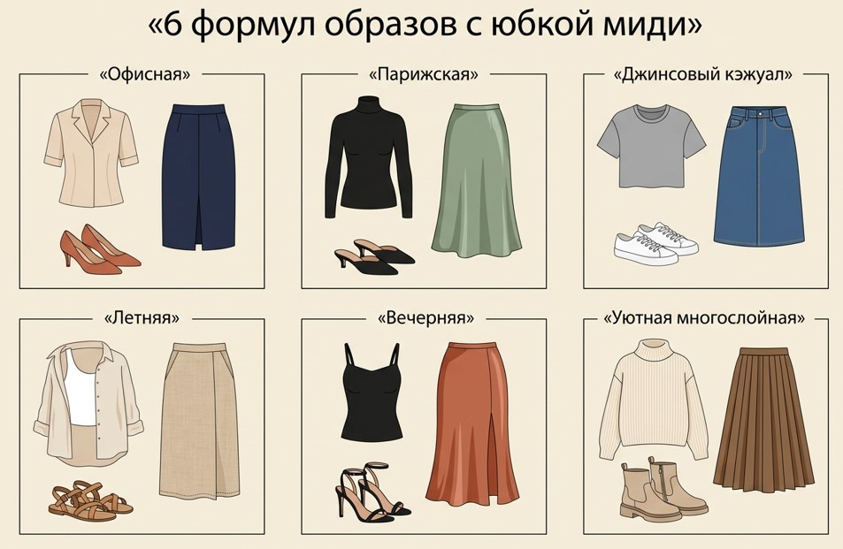Инфографика: 6 готовых формул образов с юбкой миди с иконками одежды