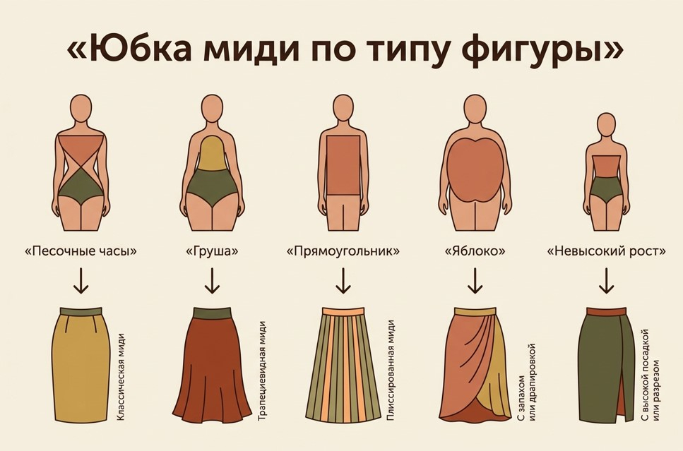 Инфографика: силуэты типов фигуры и подходящие фасоны юбки миди