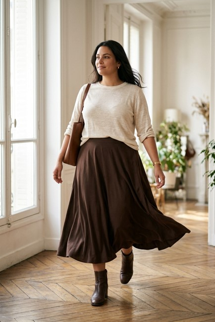 Коричневая юбка миди А-силуэта с кремовым джемпером в тон, plus-size