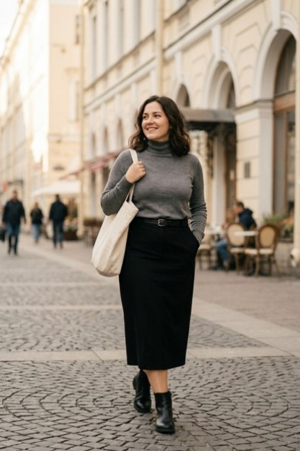 Чёрная прямая юбка миди с высокой посадкой на фигуре plus-size