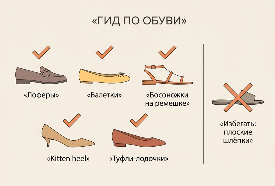 Инфографика с подходящей и неподходящей обувью к бермудам