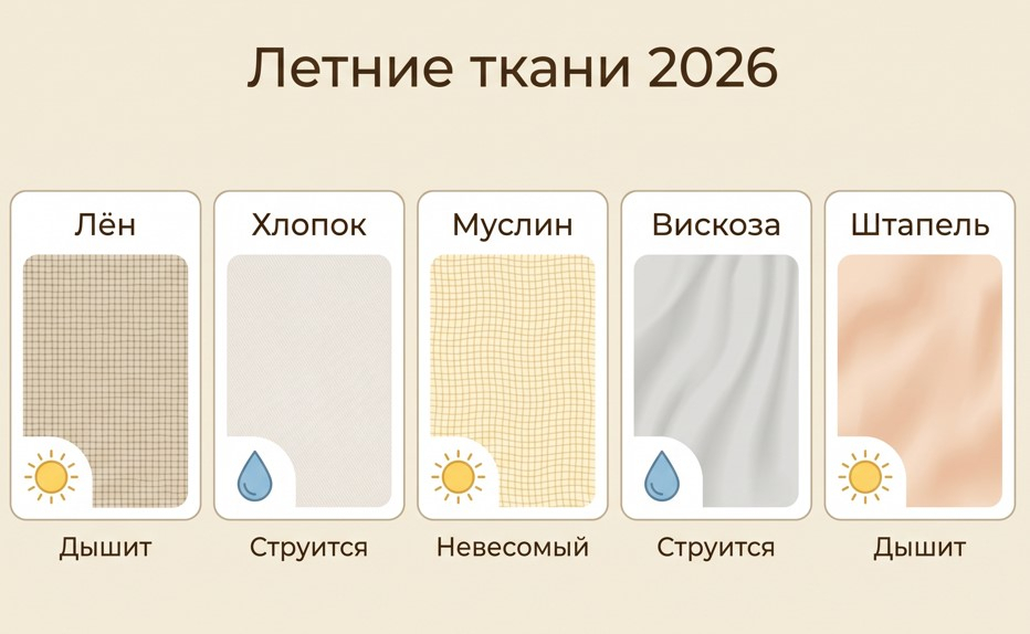 Гид по летним тканям 2026: лён, хлопок, муслин, вискоза, штапель